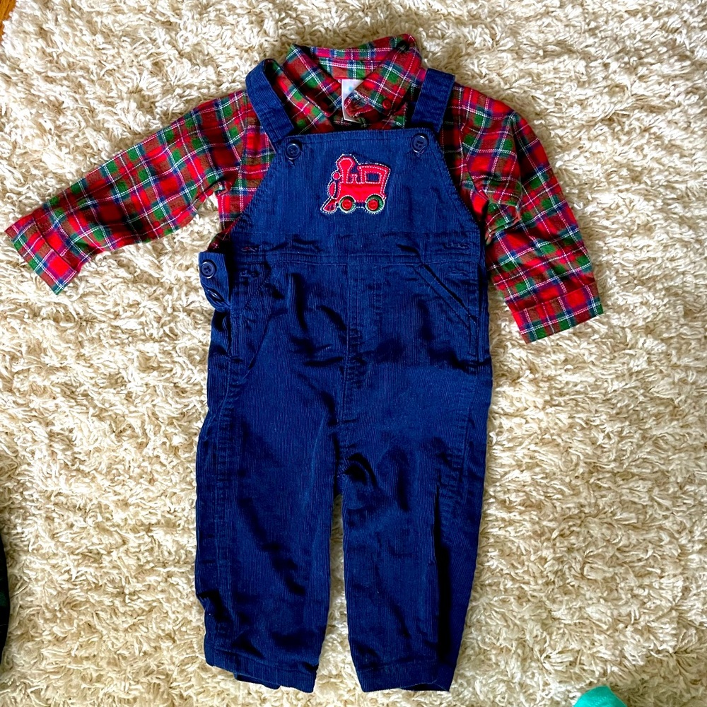 Nursery Rhyme blue corduroy train overalls 2 piece set